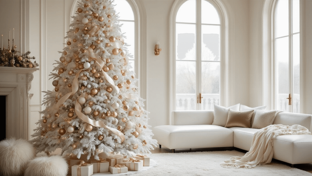 Styling a White Christmas Tree: Your Ultimate Elegant Holiday Guide A luxurious living room corner featuring a 7-foot flocked white Christmas tree adorned with champagne gold and crystal ornaments, surrounded by elegant furnishings and soft natural light.