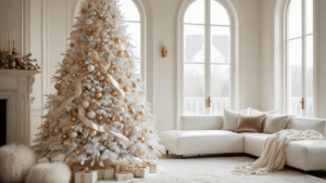 Styling a White Christmas Tree: Your Ultimate Elegant Holiday Guide A luxurious living room corner featuring a 7-foot flocked white Christmas tree adorned with champagne gold and crystal ornaments, surrounded by elegant furnishings and soft natural light.