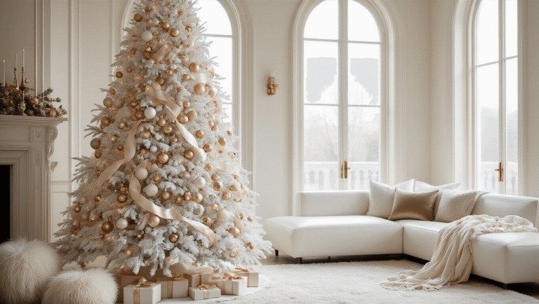 Styling a White Christmas Tree: Your Ultimate Elegant Holiday Guide A luxurious living room corner featuring a 7-foot flocked white Christmas tree adorned with champagne gold and crystal ornaments, surrounded by elegant furnishings and soft natural light.