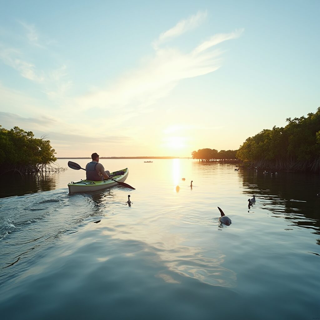 Hidden Gem Alert: Why Fort Myers Beach in August is Your Ultimate Budget-Friendly Paradise Lone kayaker paddling in Estero Bay, Fort Myers at dawn, with dolphin's fin in the foreground, mangroves along the shore, wading birds, and dawn light reflecting off the calm water.