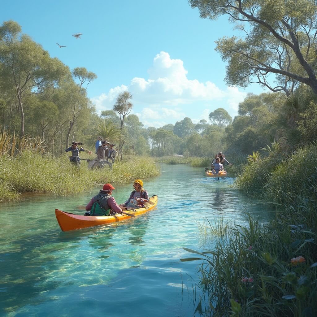 Why Fort Myers Beach is Your Perfect January Winter Escape Winter visitors engage in various activities at Estero Bay Preserve in Fort Myers Beach, with couple kayaking in clear waters and family cycling near lush vegetation, under a clear blue sky.