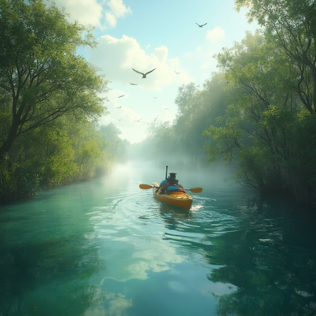 Why Fort Lauderdale in January Will Blow Your Mind (Without Blowing Your Budget) Kayaker exploring the serene Fort Lauderdale Everglades surrounded by mangroves and native birds, with morning mist rising from the crystal-clear waters, captured in a hyperrealistic style with natural lighting
