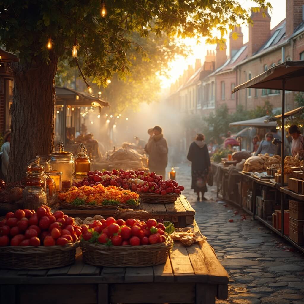 Lakeland in April: Your Ultimate Guide to Florida's Hidden Springtime Paradise Early morning farmers market scene with vendors setting up displays of strawberries, honey jars, and fresh artisanal bread on rustic wooden tables, bathed in warm sunlight, against a backdrop of historic buildings shrouded in morning mist