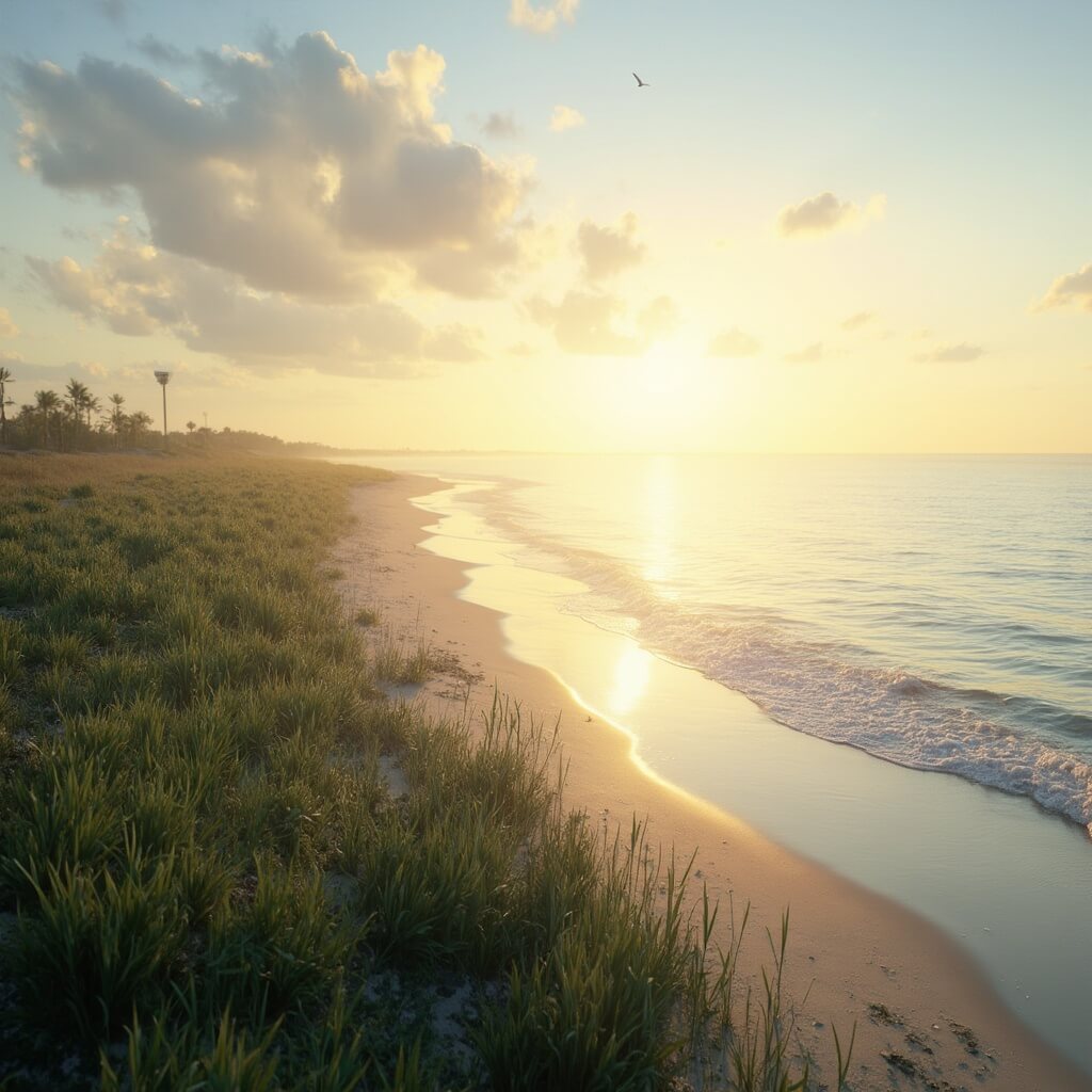Peaceful dawn over Port St. Lucie coastline with gentle waves, green vegetation and pristine sandy beach, Florida