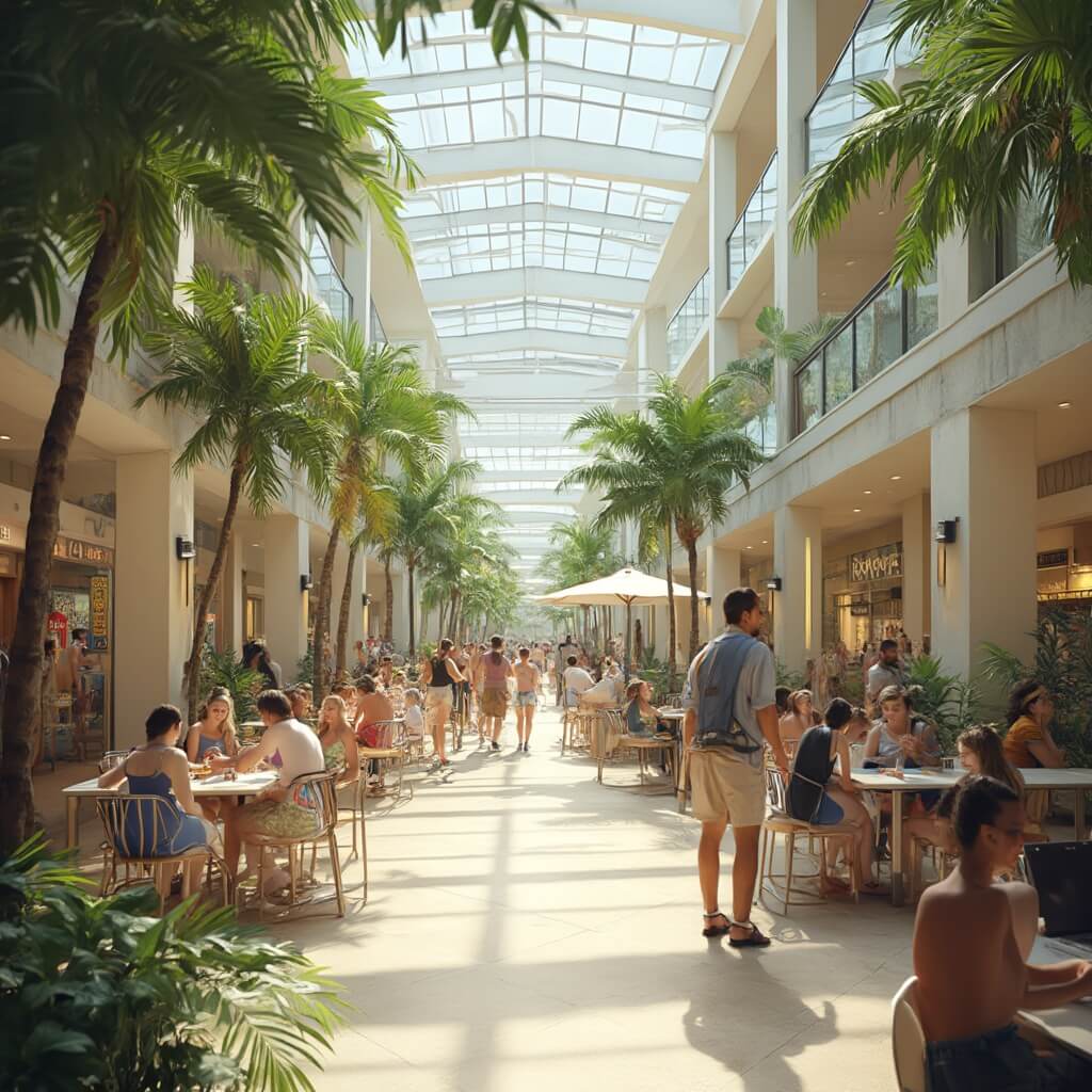 Port St. Lucie in August: Your Ultimate Survival Guide to Florida's Hottest Month Modern shopping center in Port St. Lucie with families enjoying indoor greenery and cafes under a high glass ceiling offering natural light, symbolizing Floridian architectural adaptation to hot summer weather.