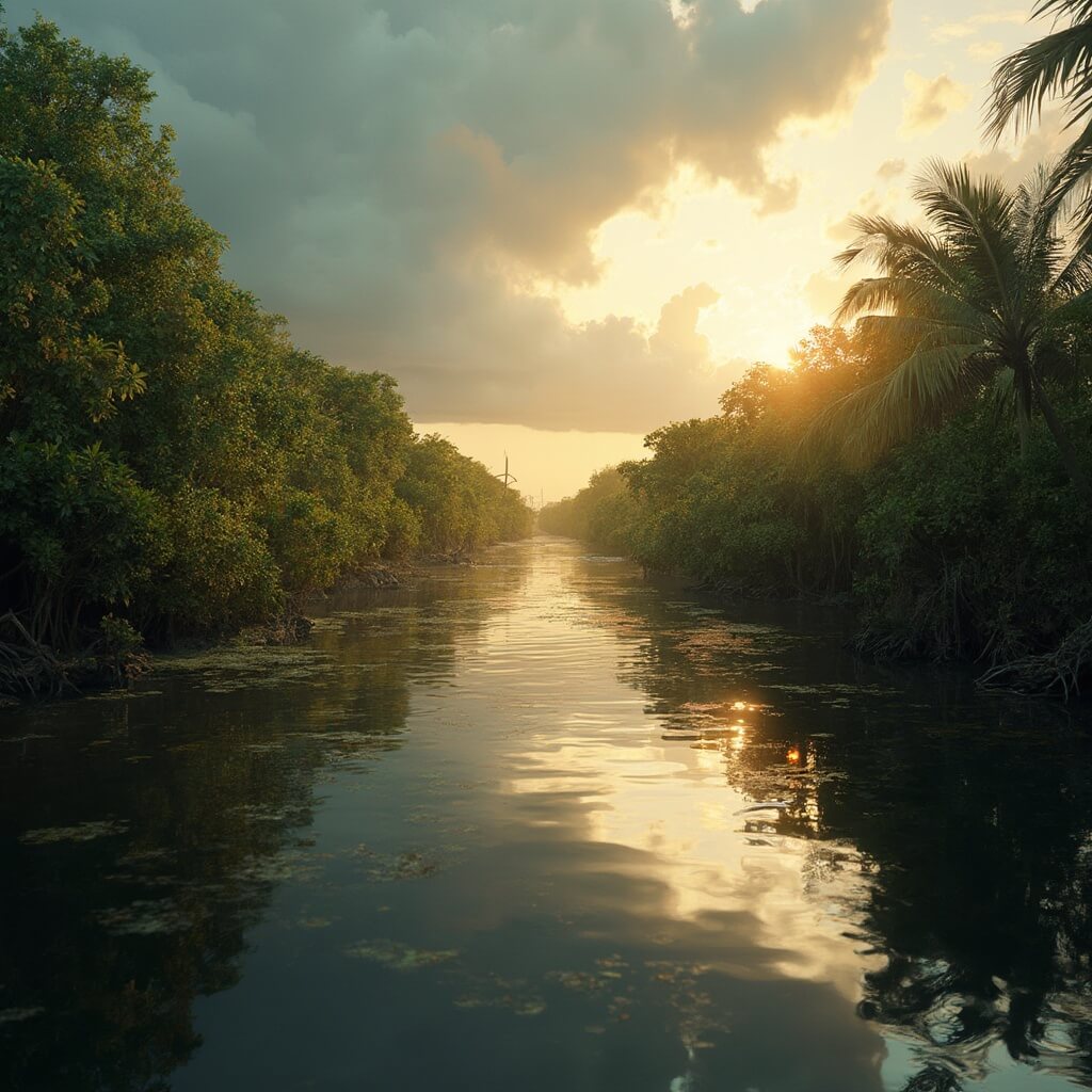 Sweating or Swimming? The Unfiltered Truth About Cape Coral in September Mangrove-lined canals in Southwest Florida under golden afternoon sunlight with reflective water and distant storm clouds