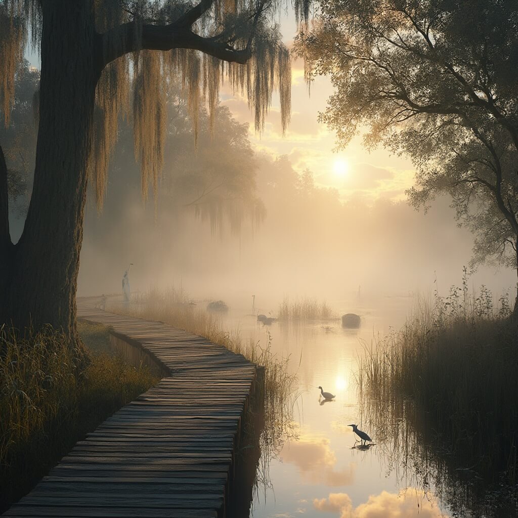 Escape the Freeze: Why Lakeland, Florida is Your January Paradise Morning scene at Circle B Bar Reserve, Florida with a boardwalk winding through foggy wetlands, herons wading, sunlight through moss-covered oak trees, alligator basking on a bank and dew-coated grasses with reflecting dawn colors in calm waters.
