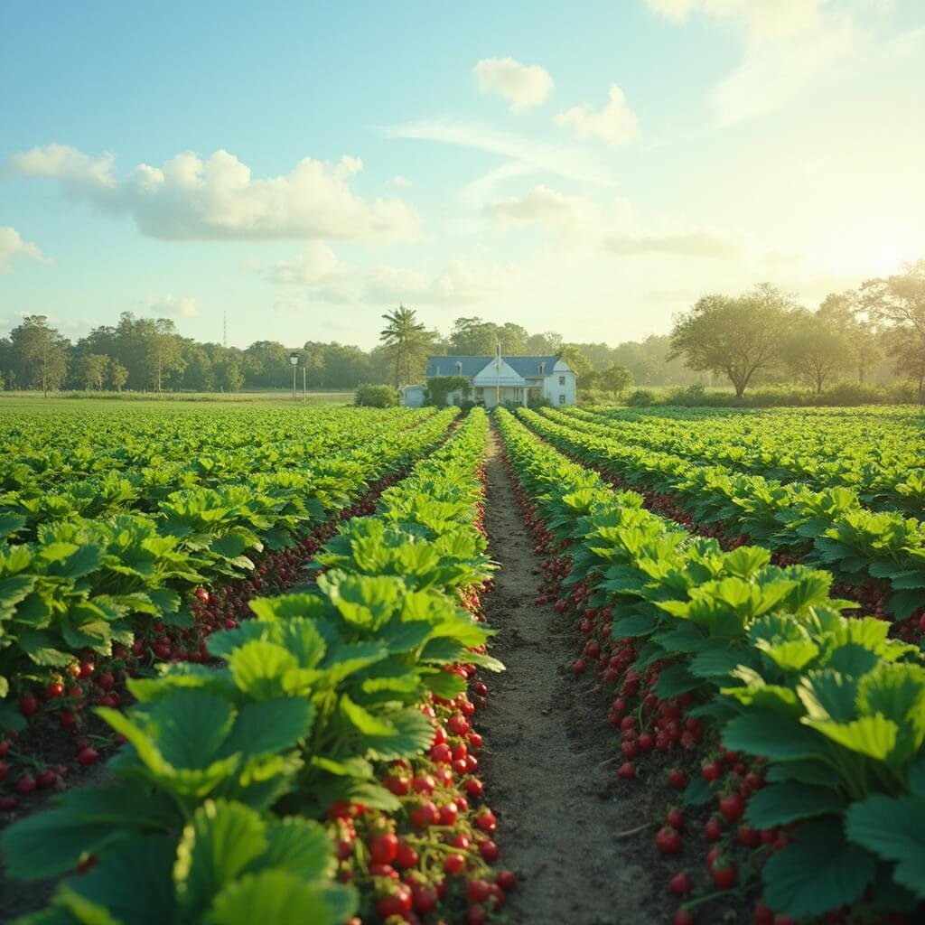 Why Lakeland, Florida is Your Secret February Paradise (And Why You'll Want to Visit) Vibrant strawberry field in Central Florida with ripe strawberries, rolling terrain, a distant farmhouse, under a clear blue sky with wispy clouds in soft sunlight