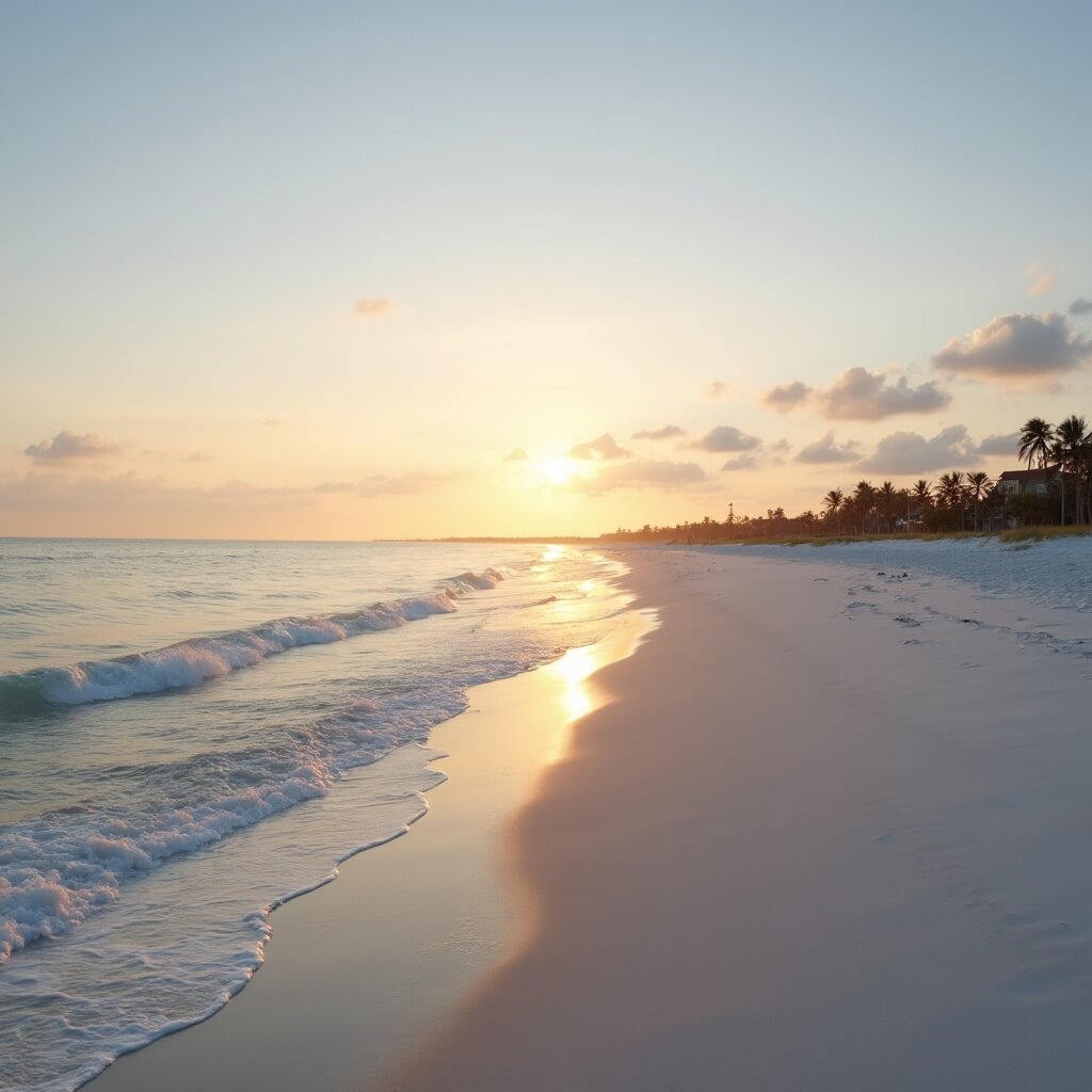 Panoramic sunset view of an empty Florida beach with gentle waves, distant palm trees, and a soft pastel sky