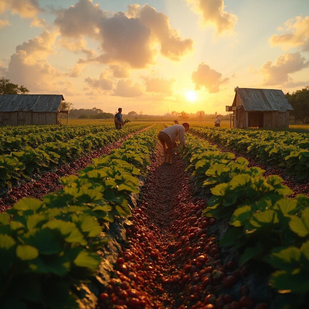 Why Lakeland, Florida is Your Secret February Paradise (And Why You'll Want to Visit) Workers harvesting ripe strawberries in a lush farm at sunset with wooden farm structures and rolling Florida hills in the backdrop