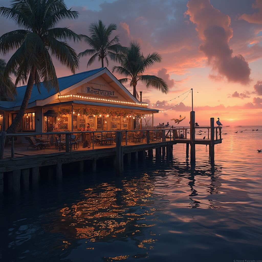 Cape Coral in December: Your Ultimate Winter Escape Guide Sunset over a serene Florida waterfront with a rustic dock, a traditional restaurant among palm trees, fresh seafood on an open grill, and pelicans perched on pilings.
