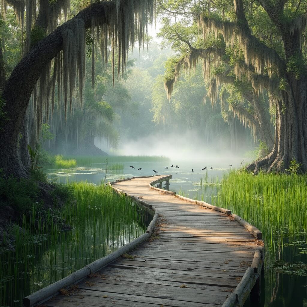 Unlock the Hidden Paradise: Why Port St. Lucie in April Will Blow Your Mind Boardwalk winding through serene Florida wetlands with morning mist, wading birds, cypress trees draped in Spanish moss, and visible wildlife, taken in professional nature photography style
