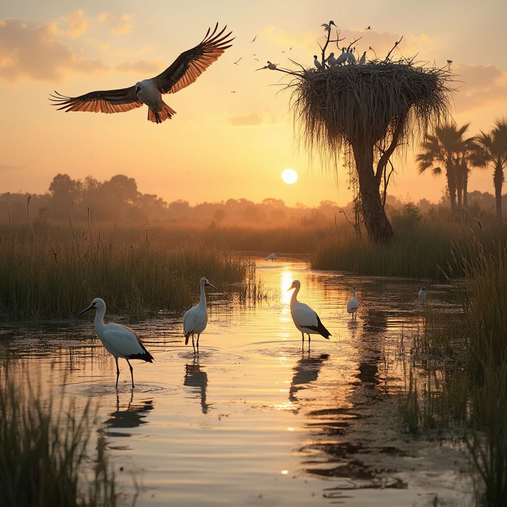 Port St. Lucie in March: Your Ultimate Sunshine Escape (Without the Crazy Spring Break Crowds!) Roseate spoonbills wading in a Florida wetland during golden hour, with tall marsh grasses in foreground, osprey soaring near a cypress tree nest, and reflection of sunset on water.