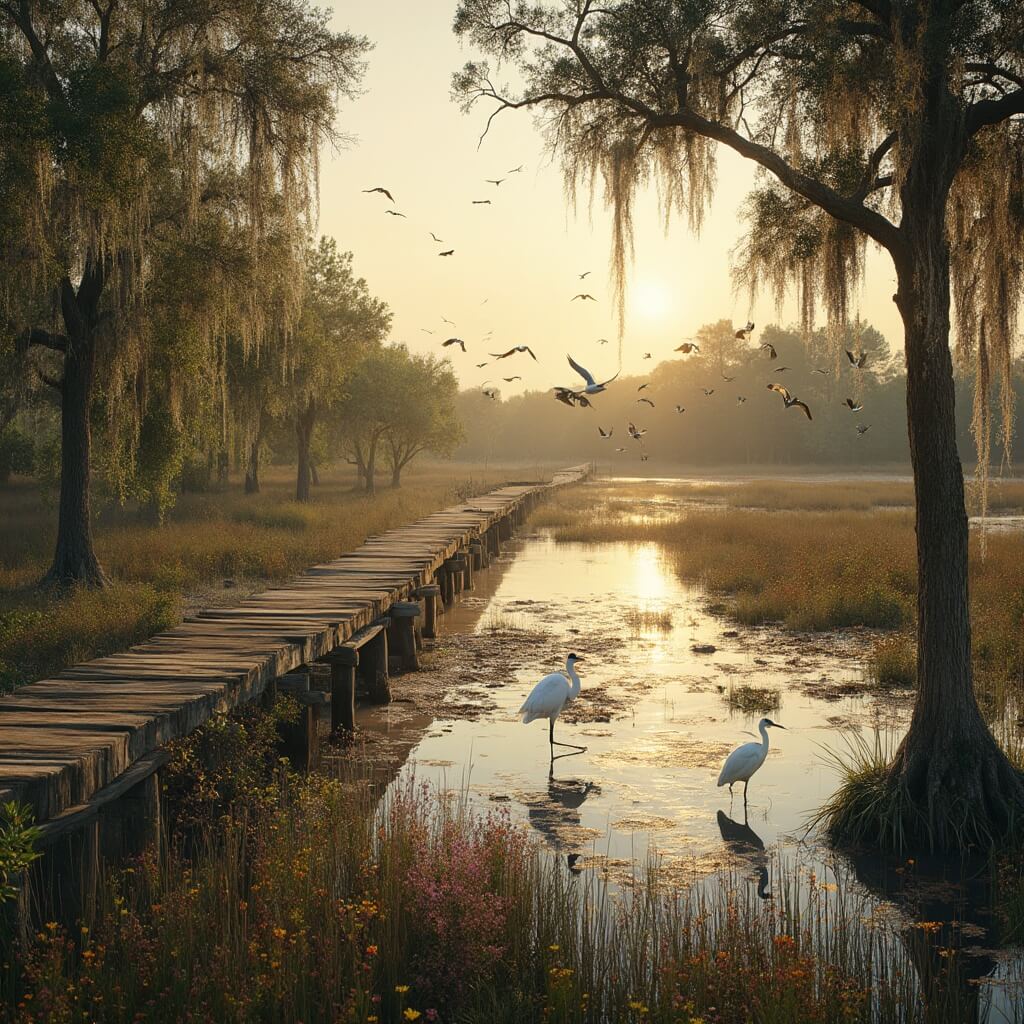 Tallahassee in February: Your Ultimate Weather and Adventure Guide Wooden boardwalk over marshy wetlands at golden hour in St. Marks National Wildlife Refuge, featuring flight of migratory birds, cypress trees with Spanish moss, calm water reflections, and early blooming wildflowers