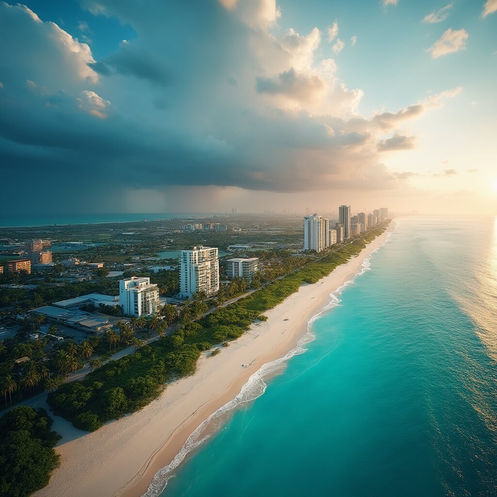 Fort Lauderdale in August: Your Ultimate Scorching Summer Adventure Guide Aerial view of Fort Lauderdale coastline during golden hour showing blue ocean, sandy beaches, urban skyline, tropical vegetation and a sky with thunderclouds