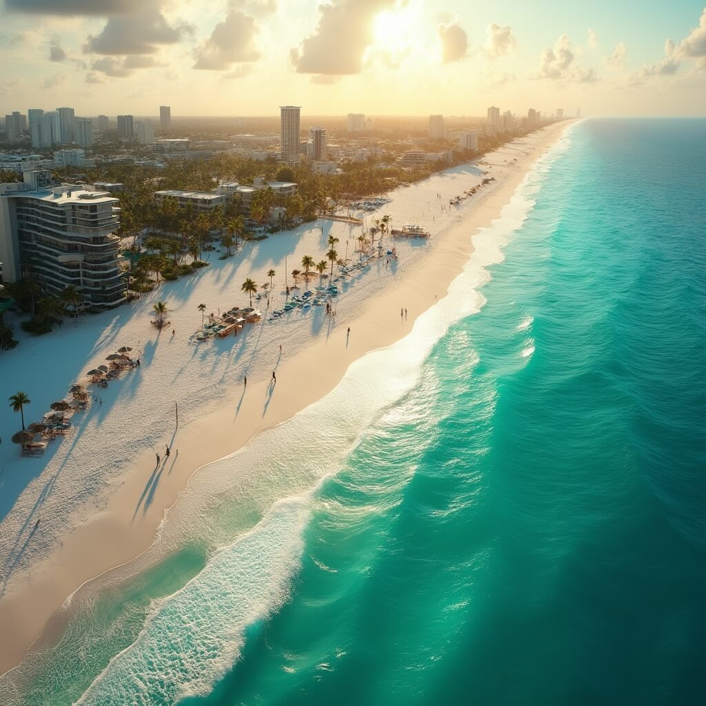 Aerial view of Fort Lauderdale Beach during golden hour with crystal clear turquoise waters, white sandy shore, beach umbrellas, palm trees, and calm ocean waves