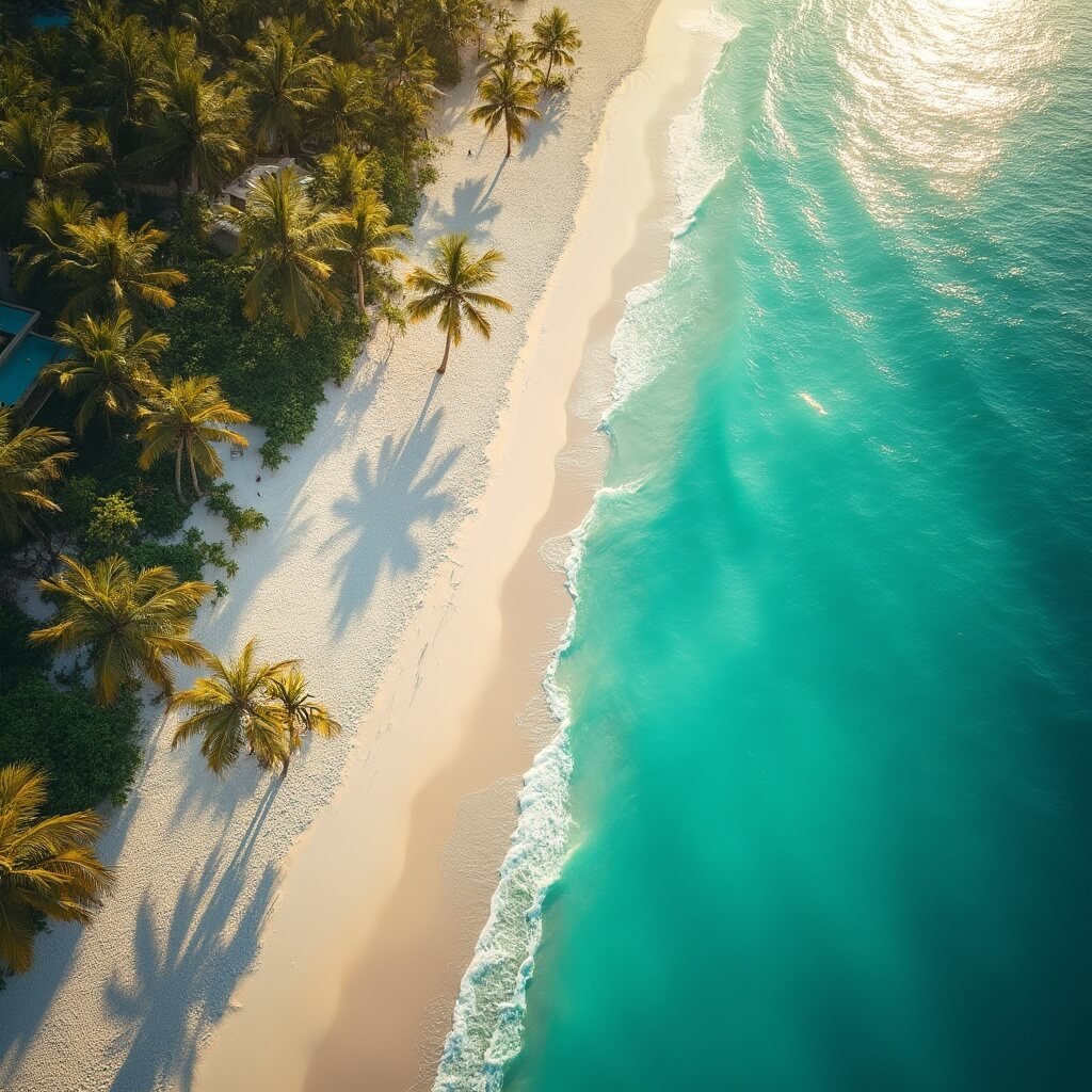 Aerial view of Fort Lauderdale beach at sunset with clear turquoise waters, white sandy shoreline, and palm trees casting long shadows