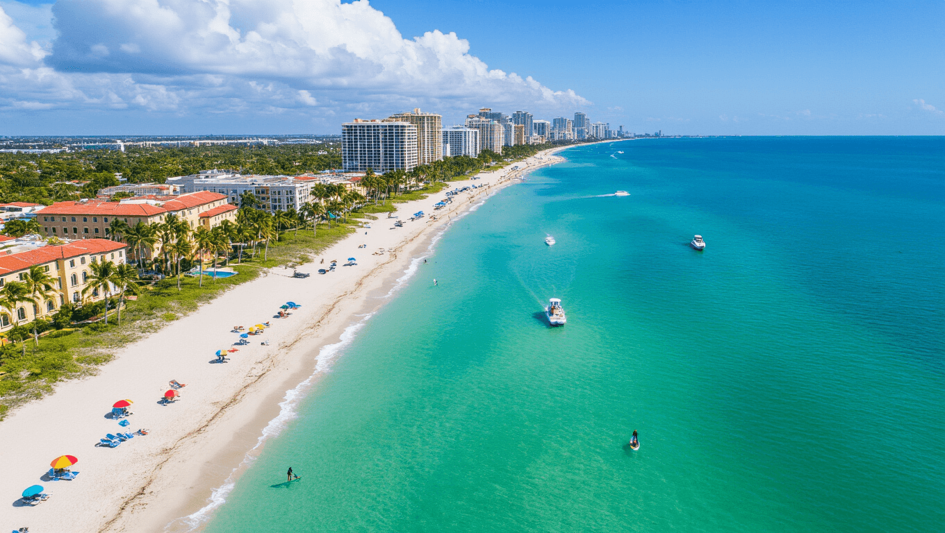 "Aerial view of Fort Lauderdale's coastline with turquoise waters, sandy beaches, palm trees, Las Olas Boulevard, boats on the Intracoastal Waterway, paddleboarders, and people enjoying a warm 76°F day."