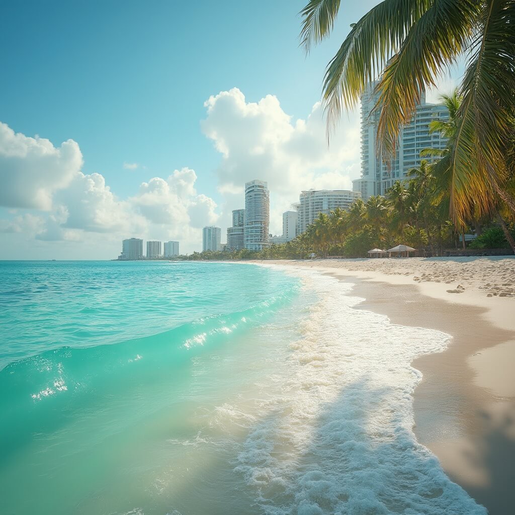 Tropical Paradise Beckons: Why Fort Lauderdale in October is Your Ultimate Escape Serene beachfront in Fort Lauderdale with turquoise ocean, swaying palm trees, modern oceanfront resorts, and warm sunlight in 4k resolution