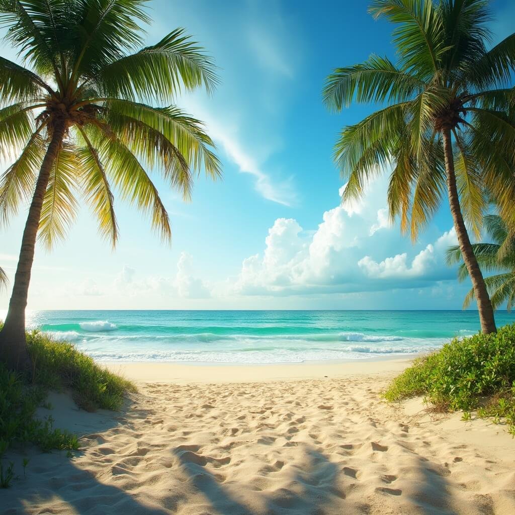 Fort Lauderdale in April: Your Ultimate Weather-Perfect Getaway Guide Early morning view of a pristine, golden sandy beach in Fort Lauderdale with turquoise waves, tall palm trees, wispy clouds in a bright blue sky, and a warm sunlight glow