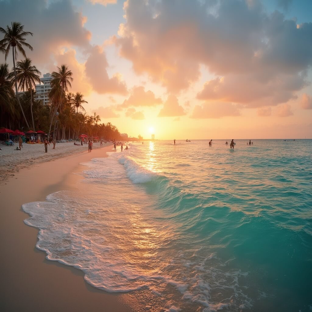 Why Freeze? Discover Fort Lauderdale's December Paradise (Locals' Secrets Revealed!) Panoramic view of Fort Lauderdale beach during golden hour with silhouetted palm trees, clear turquoise water, soft sand, and distant watersport enthusiasts against a vibrant orange and pink sunset sky