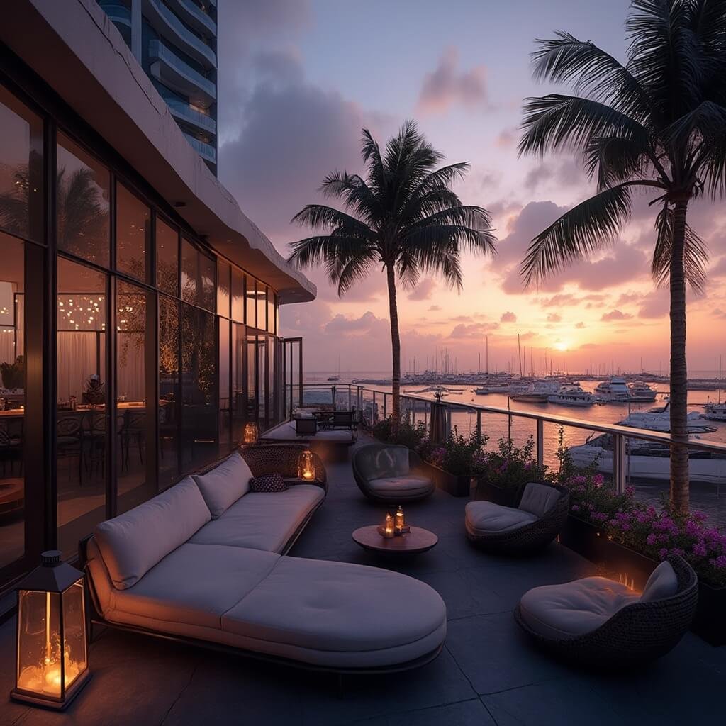 Fort Lauderdale in July: Your Ultimate Scorching Summer Paradise Guide Evening rooftop bar with modern outdoor lounge overlooking twilight Fort Lauderdale coastline, ambiance created by soft lighting and palm trees, with unobstructed marina view through glass walls