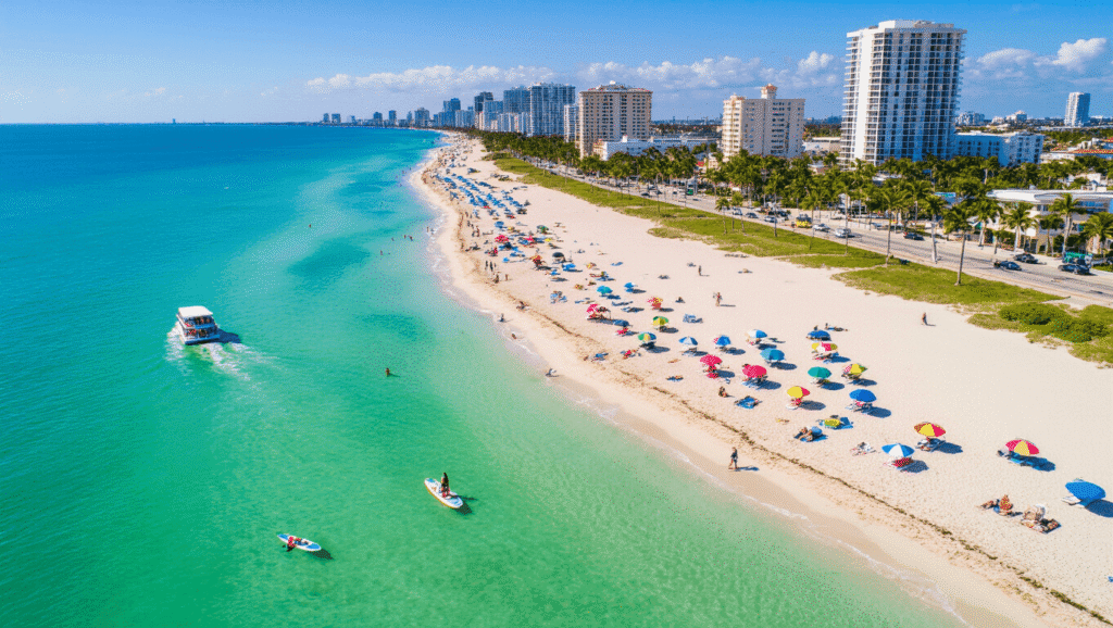 "Aerial view of Fort Lauderdale's coastline during Spring Break, featuring turquoise waters, white sandy beaches, colorful umbrellas, boats on the Intracoastal Waterway, and Las Olas Boulevard, under the golden Florida sunshine"