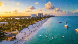 November Secrets: Why Fort Lauderdale is Your Ultimate Warm-Weather Escape "Panoramic view of Fort Lauderdale coastline at sunset with beachgoers, a jazz band, holiday lights on Las Olas Boulevard and luxury yachts on clear turquoise water"