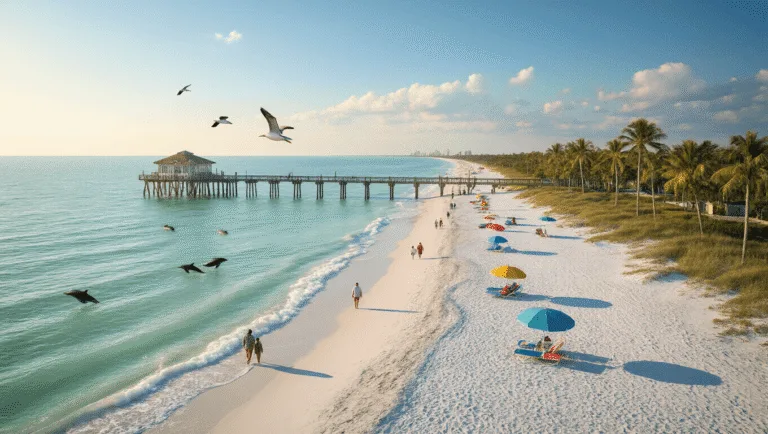 Why Fort Myers Beach is Your Perfect January Winter Escape "Aerial view of Fort Myers Beach on a clear January morning, featuring dolphins jumping in the turquoise Gulf waters, pelicans in flight, beachgoers in sweaters, colorful beach umbrellas on white sand, and the Fort Myers Beach Pier extending into the water, framed by palm trees in warm morning sunlight."
