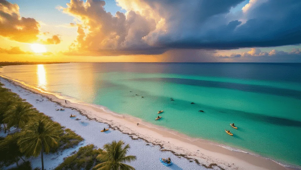 Hidden Gem Alert: Why Fort Myers Beach in August is Your Ultimate Budget-Friendly Paradise "Panoramic aerial view of Fort Myers Beach at sunset in August with scattered seashells, distant dolphins, storm clouds, sunlight, kayakers, paddleboarders, and swaying palm trees"
