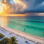 "Family building sandcastle on Fort Myers Beach at golden hour with dolphins, kayakers, and beachgoers, palm trees, seashells and a cerulean sky with wispy clouds in the background"