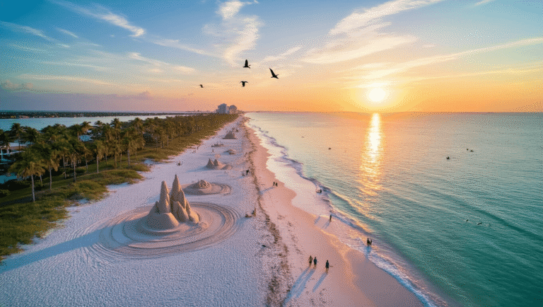 Why November is the Secret Paradise of Fort Myers Beach You Never Knew About "Aerial drone shot of Fort Myers Beach at sunset, showcasing sand sculptures, dolphins, kayakers, and migratory birds amidst a serene coastal landscape in November."