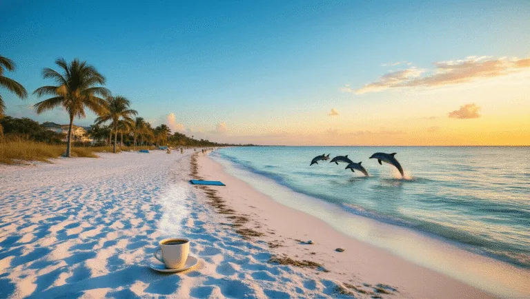 Fort Myers Beach: Your Ultimate May Escape Revealed (Without the Tourist Traps!) "Panoramic view of Fort Myers Beach at sunrise with dolphins in turquoise Gulf waters, coffee cup in pristine sand, MOBI mats, boardwalks and palm trees along the coastline, with tourists shelling in early morning light."