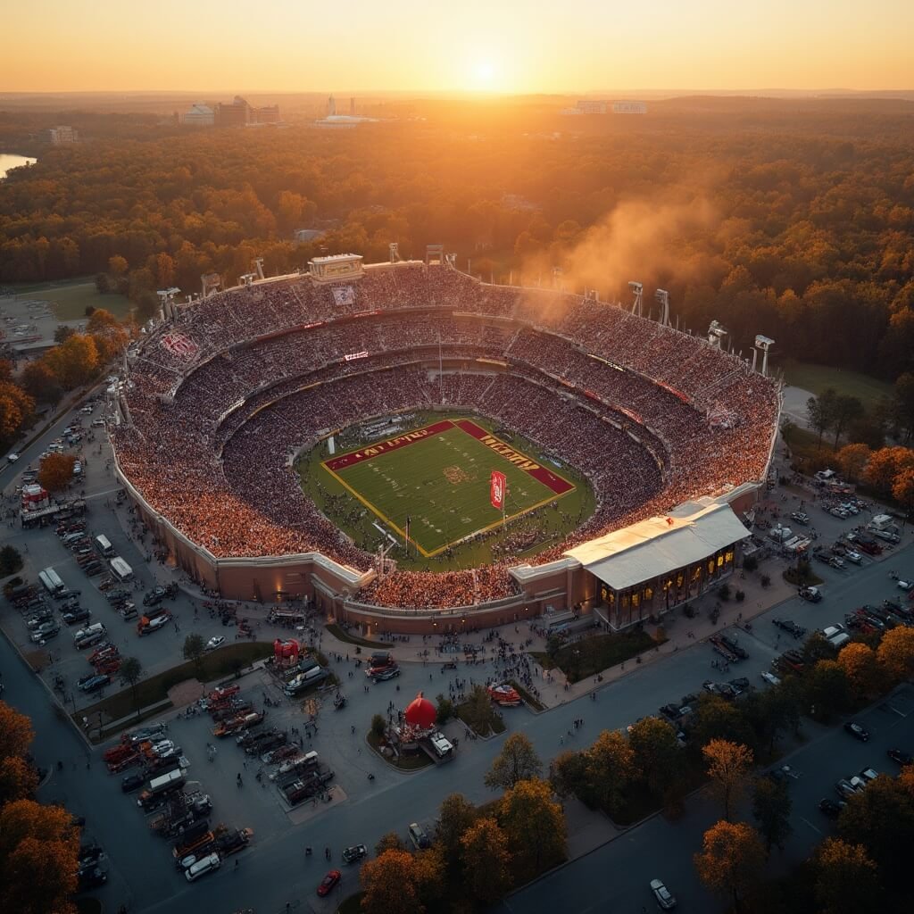 Why Tallahassee in November is Your Secret Escape from Boring Winter Blues Aerial view of Doak Campbell Stadium during a November evening tailgate event, with smoke from BBQ grills, waving maroon and gold banners, and tree-lined parking lots illuminated by a golden sunset.