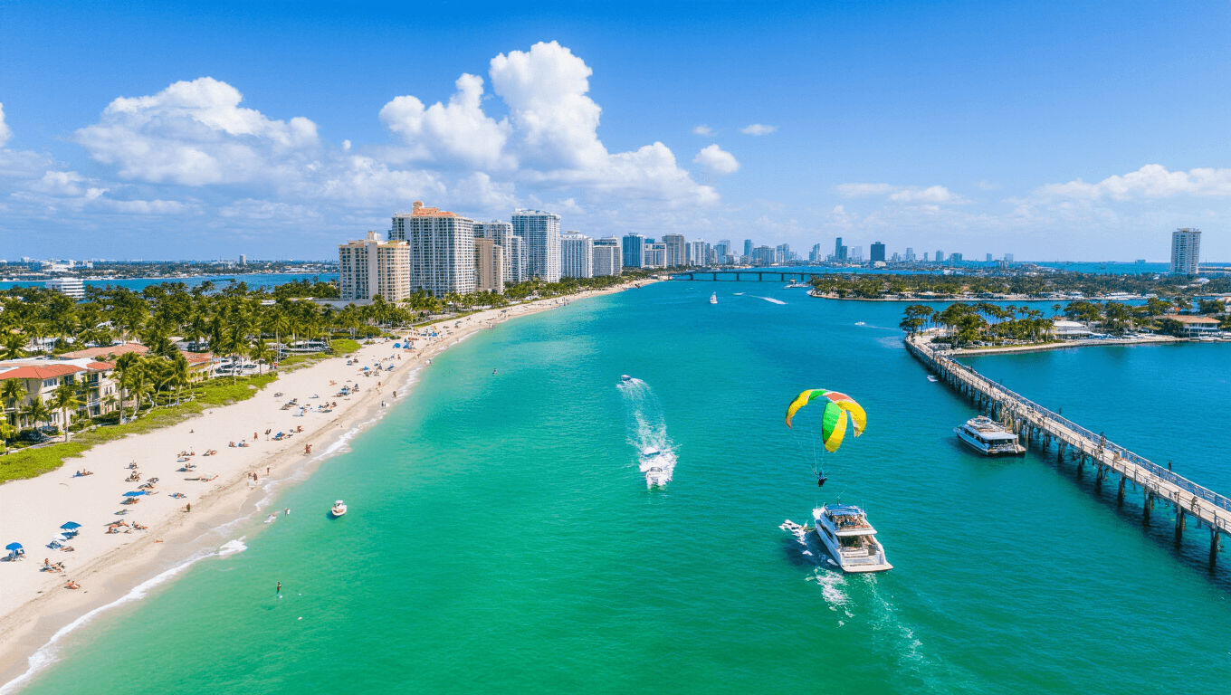 "Aerial view of Fort Lauderdale coastline with crystal-clear turquoise waters, white sandy beaches, yachts, parasailing, uncrowded shores, Las Olas Boulevard, Fort Lauderdale pier, a water taxi, and downtown skyline under a blue sky"
