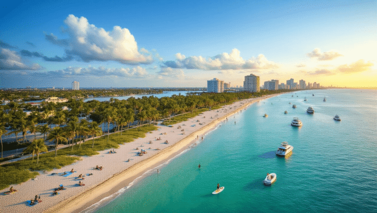 Fort Lauderdale in April: Your Ultimate Weather-Perfect Getaway Guide "Panoramic view of Fort Lauderdale's coastline during golden hour in April featuring pristine beaches, turquoise waters, swaying palm trees, boats in the waterways, Las Olas Boulevard, Riverwalk area, beachgoers paddleboarding and doing yoga, fluffy white clouds in a bright blue sky, ocean breezes, and beachfront festivals"