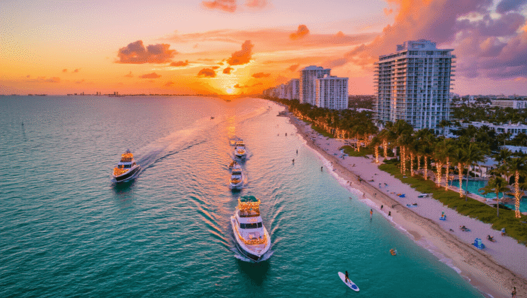 Why Freeze? Discover Fort Lauderdale's December Paradise (Locals' Secrets Revealed!) "Aerial view of Fort Lauderdale's coastline at sunset with Christmas-decorated luxury boats, palm trees, beachgoers, beachfront hotels and a paddleboarder"