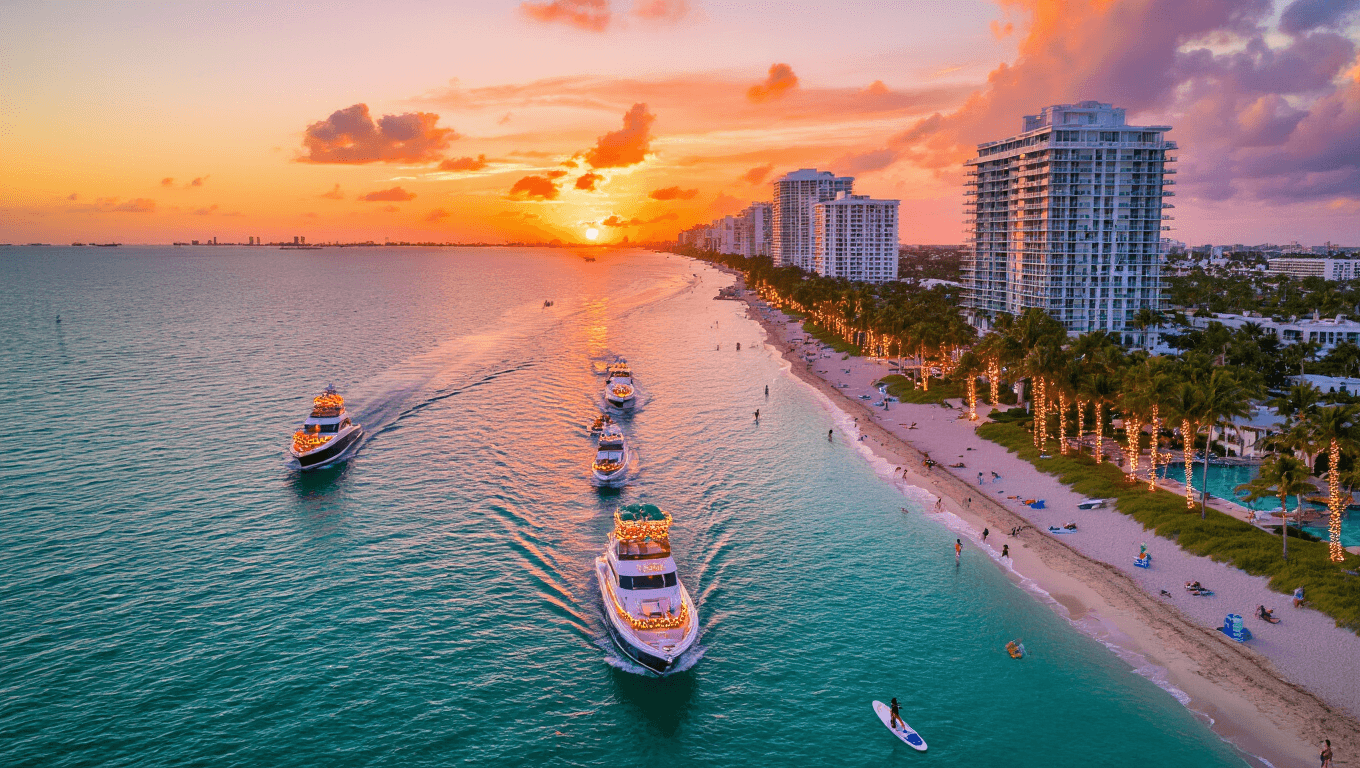 "Aerial view of Fort Lauderdale's coastline at sunset with Christmas-decorated luxury boats, palm trees, beachgoers, beachfront hotels and a paddleboarder"