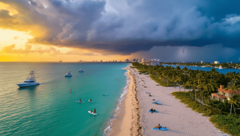 Fort Lauderdale in September: Your Ultimate Off-Peak Paradise Revealed! "Panoramic sunset view of Fort Lauderdale's coastline, displaying pristine beaches, turquoise-blue waters, Las Olas Boulevard palm trees, luxury yachts in the marina, Bonnet House in the background, and afternoon thunder clouds forming on the horizon."