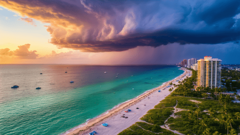 Fort Lauderdale in August: Your Ultimate Scorching Summer Adventure Guide "Aerial view of Fort Lauderdale beachfront at sunset during August with storm clouds, sea turtle nesting area, boats dotting the turquoise waters, and beachfront hotels reflecting sunlight, with city's green landscape in the background."