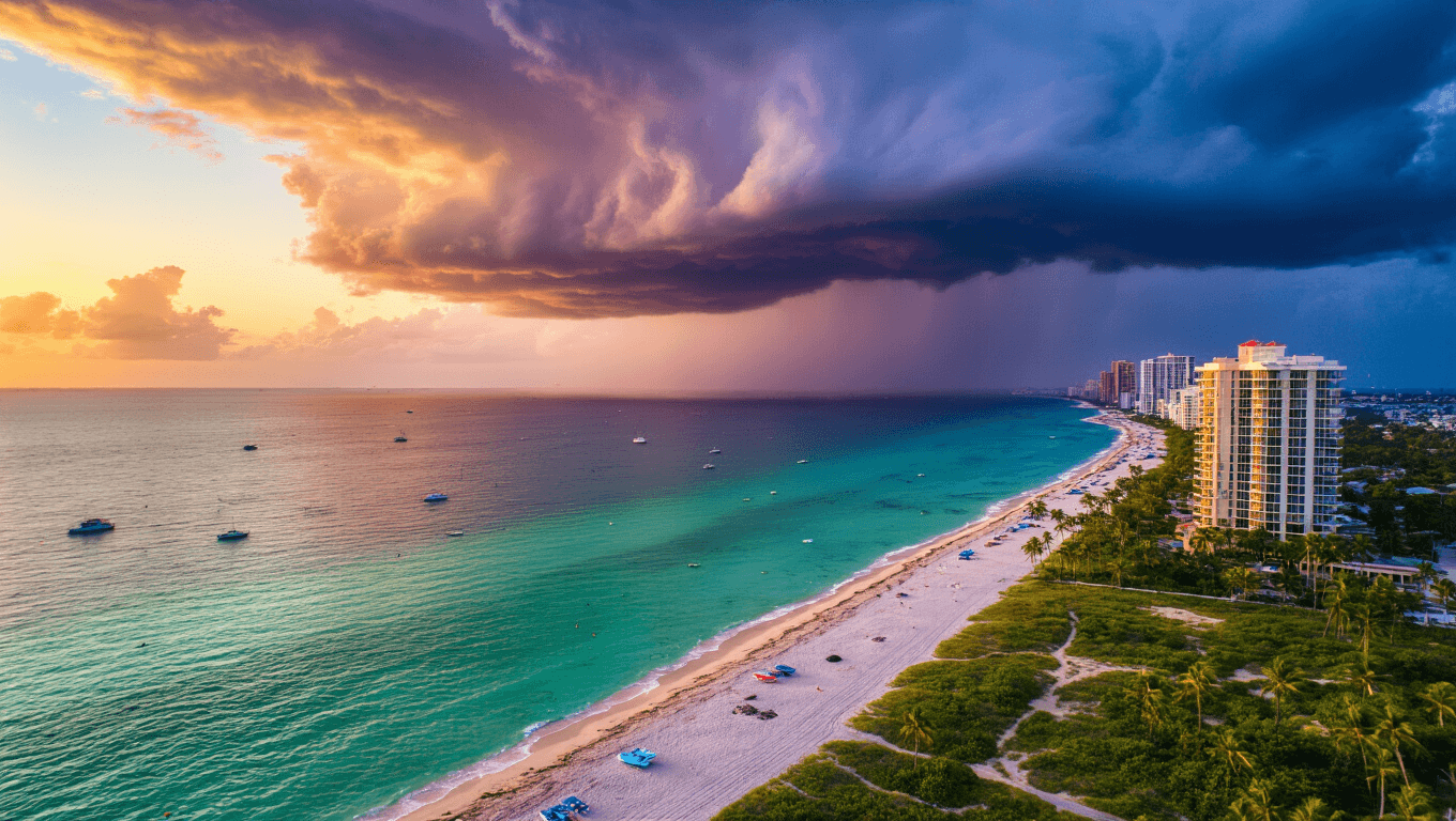 "Aerial view of Fort Lauderdale beachfront at sunset during August with storm clouds, sea turtle nesting area, boats dotting the turquoise waters, and beachfront hotels reflecting sunlight, with city's green landscape in the background."