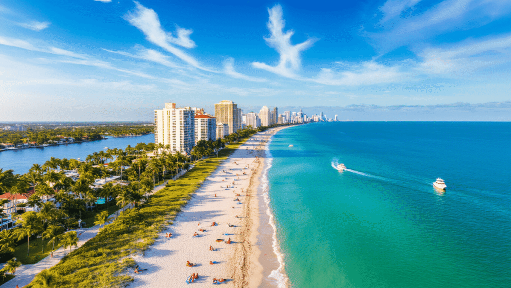 Why Fort Lauderdale in January Will Blow Your Mind (Without Blowing Your Budget) "Aerial view of Fort Lauderdale's coastline, featuring turquoise waters, white sandy beaches, Las Olas Boulevard, beachgoers, boats, Hugh Taylor Birch State Park, and the city's skyline on a sunny winter afternoon"