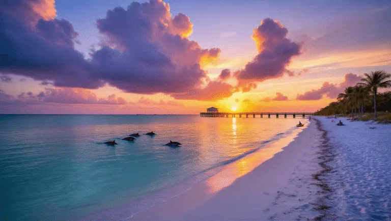Hurricane Season Sweet Spot: Your Ultimate Guide to Fort Myers Beach in September "Fort Myers Beach at sunset with post-storm clouds, dolphins in the turquoise waters, scattered beachgoers, a lone kayaker, and the silhouette of the pier"