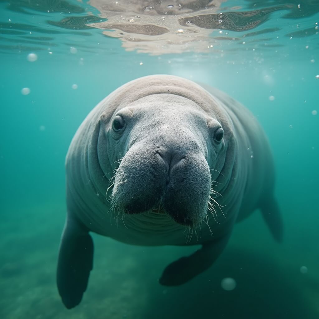 Escape the Winter Blues: Why Port St. Lucie is Your January Paradise Close-up underwater image of a manatee swimming in clear warm waters, with morning light highlighting its textured skin in a peaceful blue and green environment