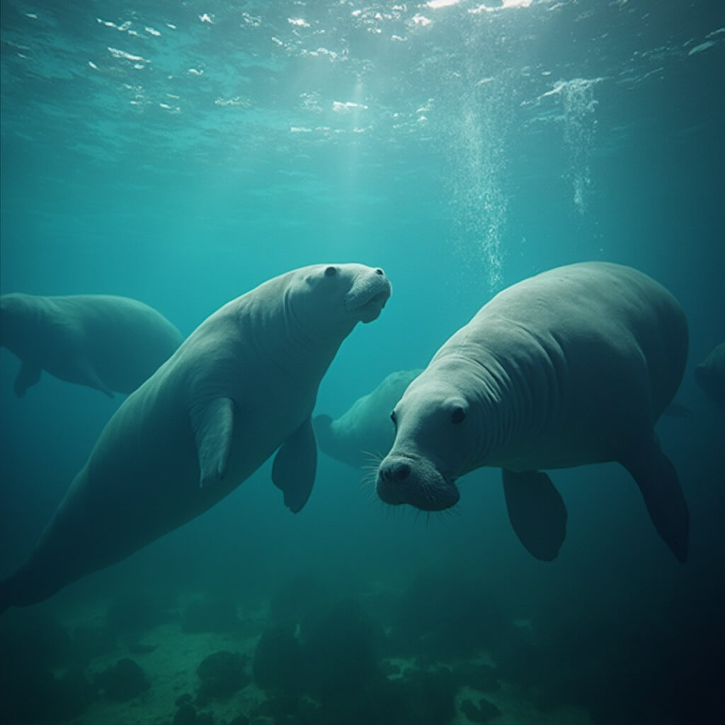 Port St. Lucie in February: Your Ultimate Sunshine Escape That Nobody's Talking About Gentle manatees of various sizes swimming in clear Florida waters under soft underwater lighting near the Manatee Observation & Education Center