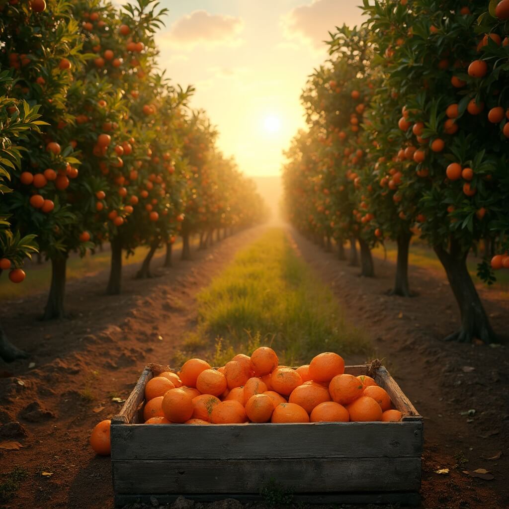 Port St. Lucie in February: Your Ultimate Sunshine Escape That Nobody's Talking About A sunlit citrus grove in Florida during golden hour, showing lines of orange trees with ripe fruits and wooden crates filled with freshly picked oranges upfront.