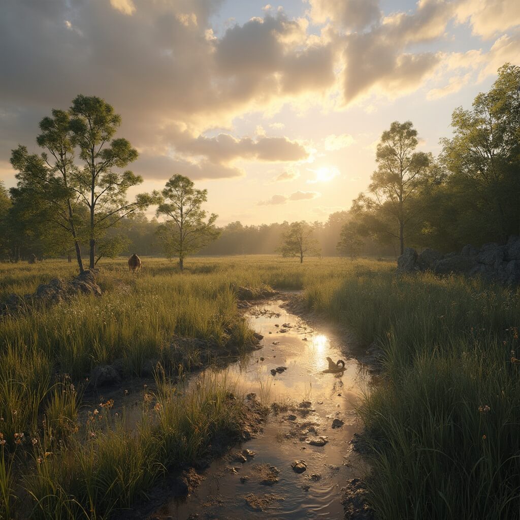 Port St. Lucie in July: Your Ultimate Hot & Happening Summer Survival Guide Golden hour view of Indrio Savannahs Preserve with winding trail, tall sawgrass, pine flatwoods, wading birds, wildflowers, dramatic clouds, and natural lighting