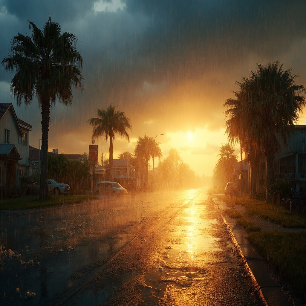 Cape Coral in June: Your Ultimate Subtropical Paradise (With a Few Tropical Twists!) Dramatic thunderstorm in Cape Coral with intense tropical rain on sunlit street, palm trees in wind, reflections and puddles on pavement, sun breaking through dark storm clouds, and realistic water droplets in the air.