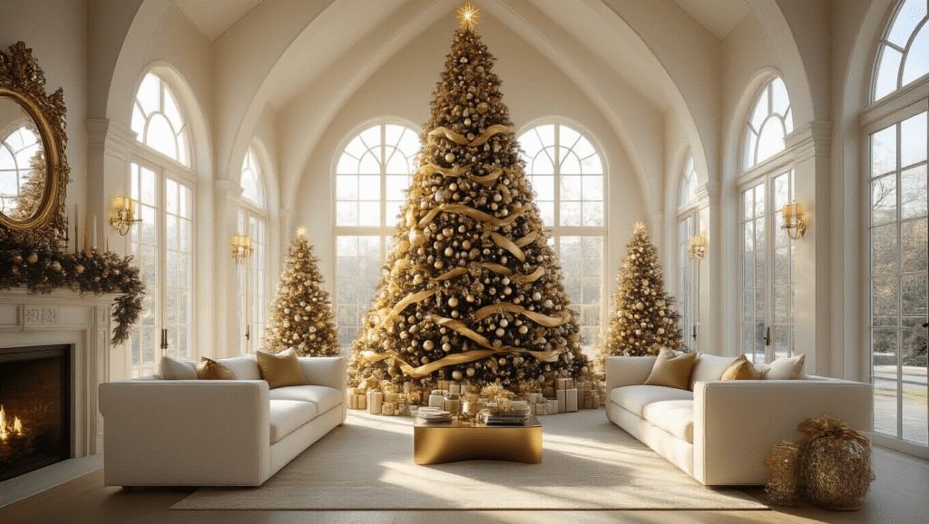 Dazzling Christmas Tree Decor Ideas for 2025: Transform Your Holiday Space Photorealistic image of a grand Christmas living room with vaulted ceilings, featuring a decorated 12-foot Fraser fir tree, cream linen sofas, and golden hour sunlight illuminating the space.