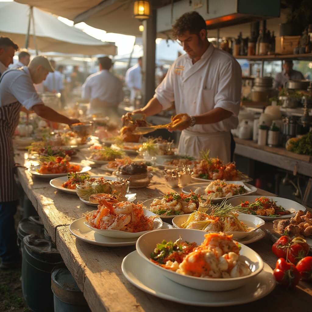 Why November in Panama City Beach is Your Secret Winter Sun Escape Chefs preparing regional seafood dishes on rustic tables at a Gulf Coast food festival, under soft November sunlight with fresh local ingredients and a warm color palette